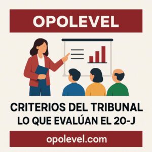 Maestra exponiendo ante tribunal de oposición docente, logo Opolevel
