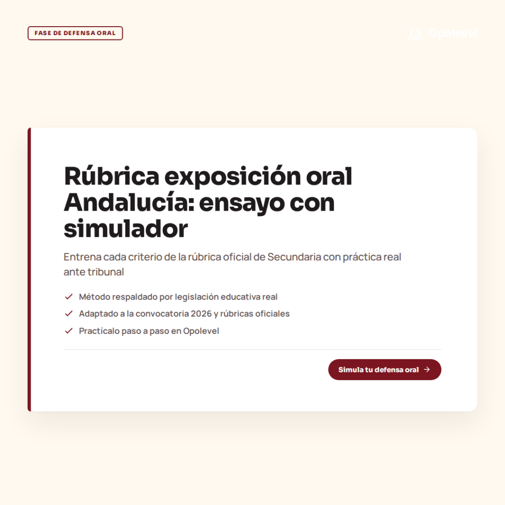 Rúbrica exposición oral oposiciones Secundaria Andalucía: ensaya cada criterio con el simulador