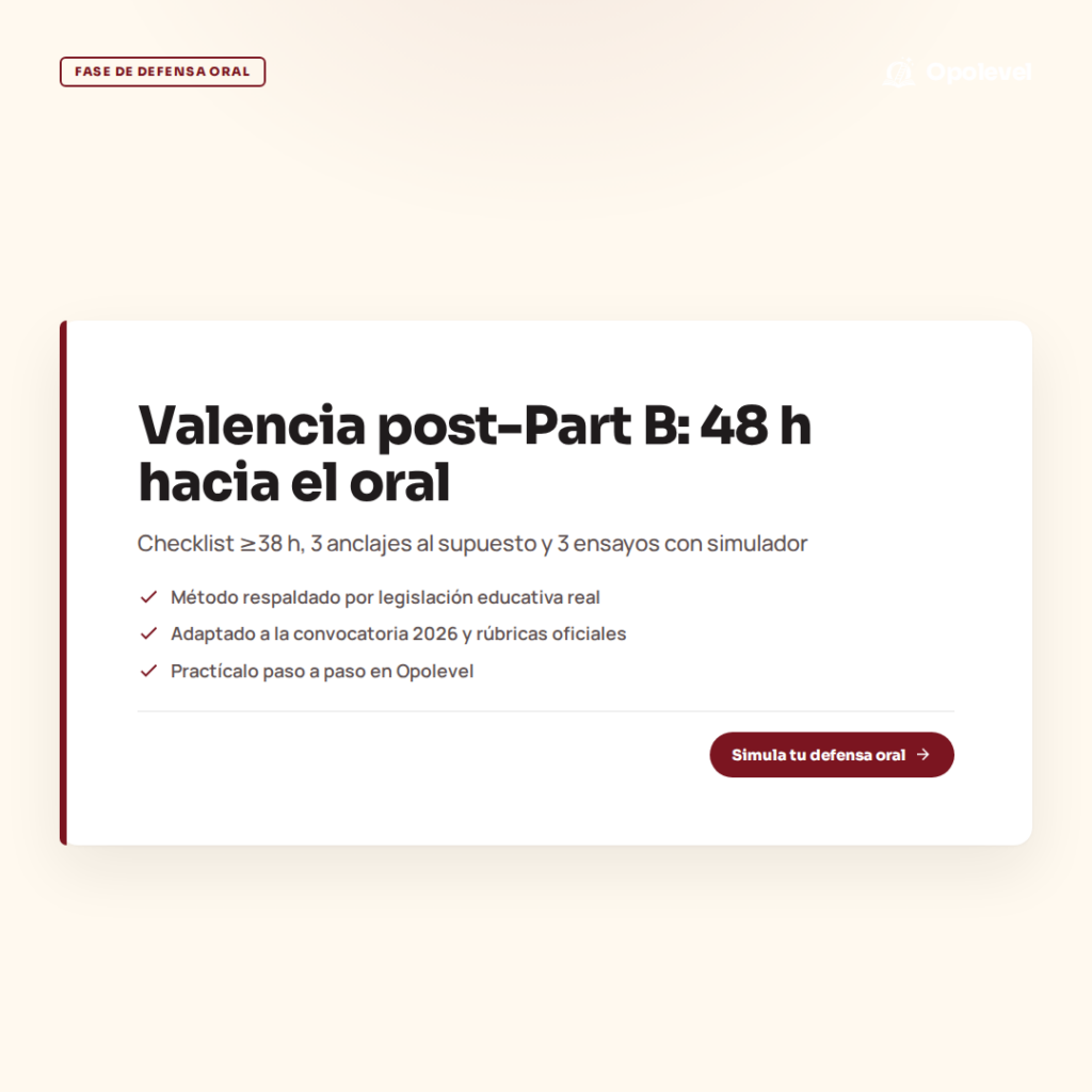 Valencia tras el Part B: checklist de 48 horas hacia la defensa oral (≥38 h + 3 ensayos con simulador)