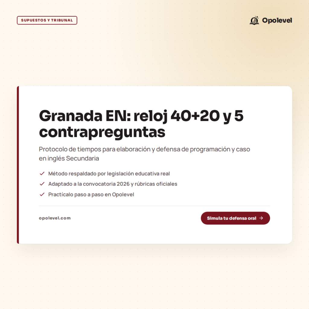 Elaboración y defensa en inglés Secundaria (Granada): reloj 40+20 y 5 contrapreguntas con simulador